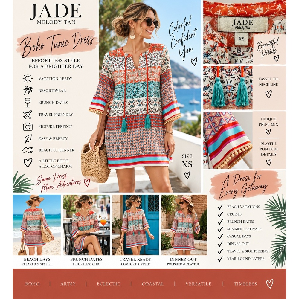 Jade Melody Tan Multi Color Geometric Tassel Pom Pom Shift Tunic Dress Cruise XS